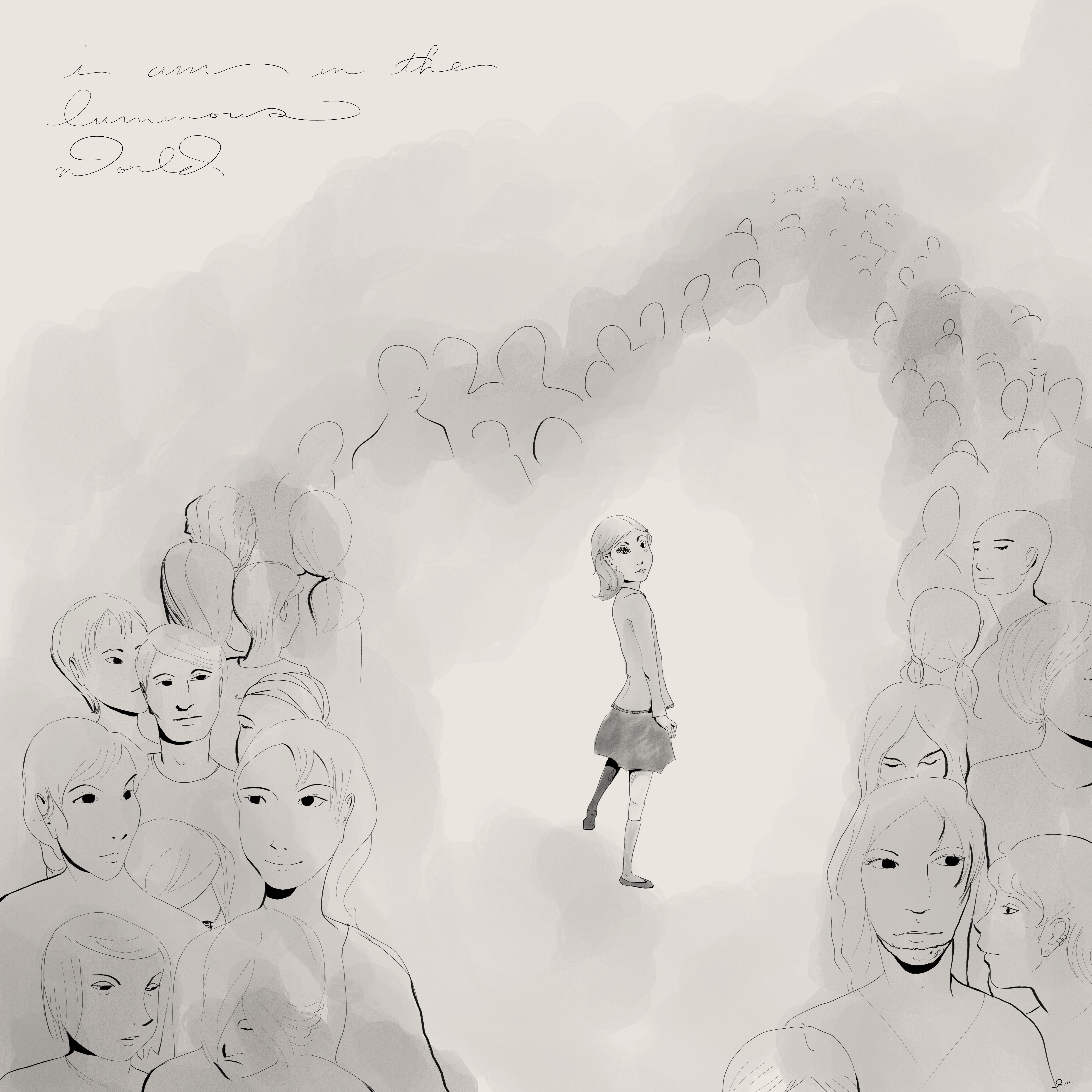 Luminous World: An ink and watercolor style illustration of an adolescent girl in a crowd. The girl is partially turned away. The nearer eye contains multiple pupils. Her expression is neutral.