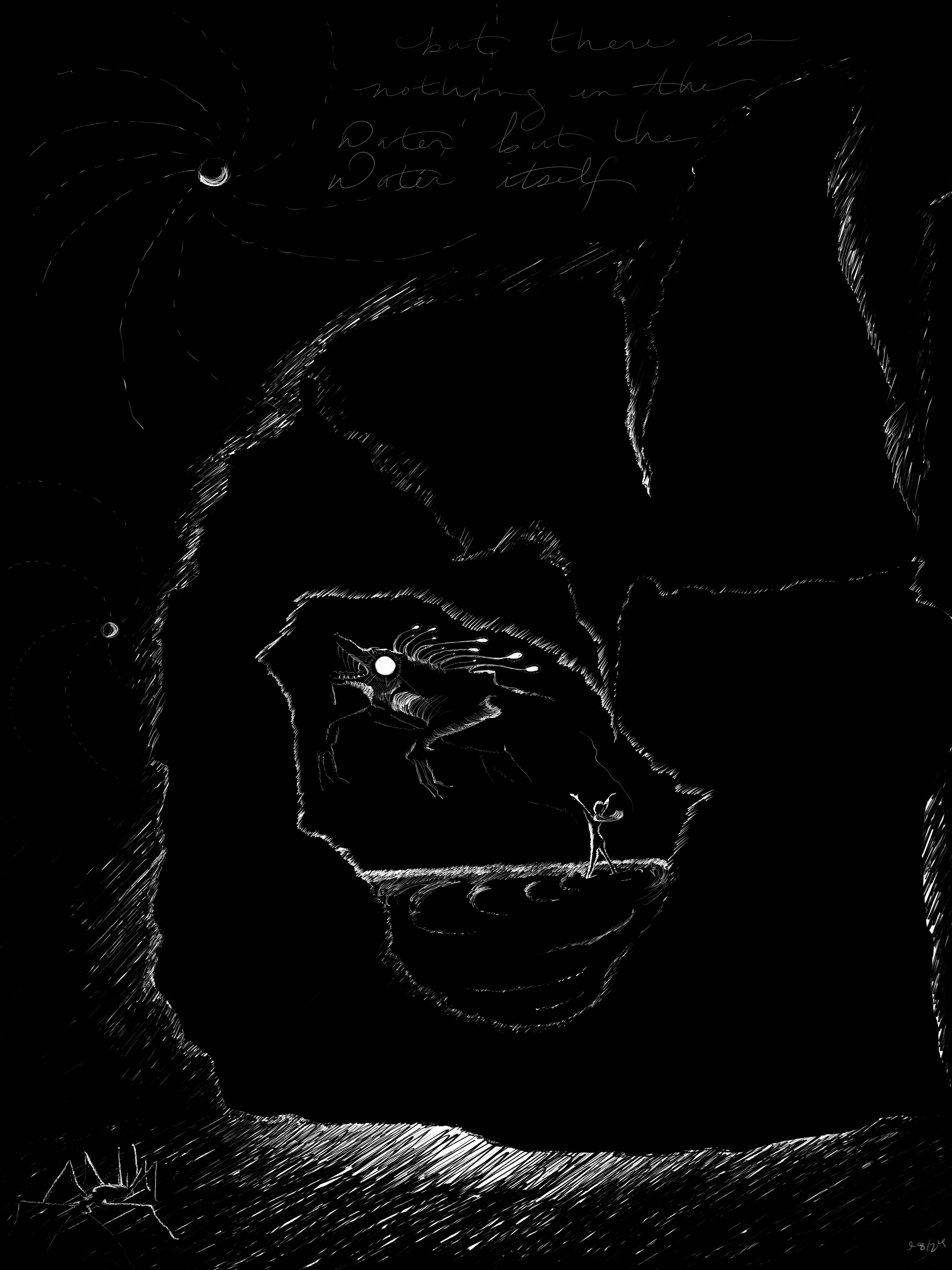Luminous World: A comic book style illustration of a cave. In the center of the cave an alien is rising out of a girl.